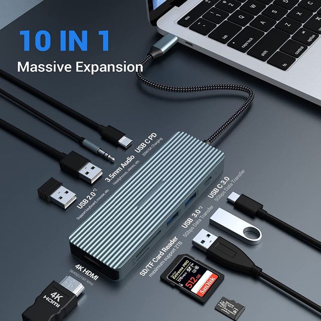HUB USB 10 en 1 -NUEVO- USB-C 3.0 PD 4K HDMI