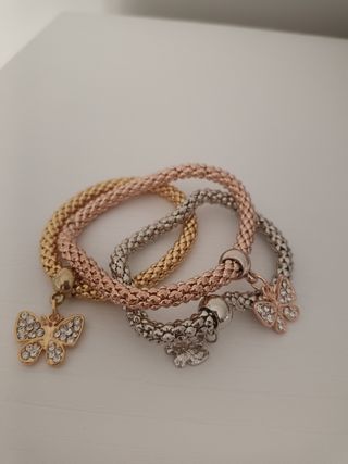 Pulseras color plata bronce y oro mariposa corazón