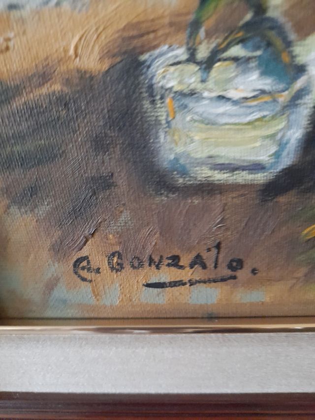 oleo  sobre marco mujeres en playa con barcas