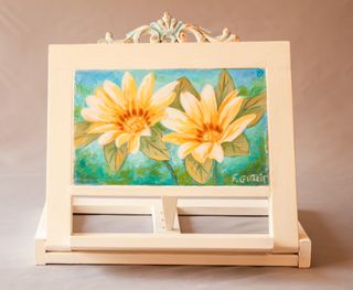 Atril . Caballete. Atril madera .Cuadro flores