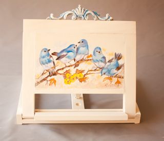 Atril . Caballete. Atril madera .Cuadro con flores