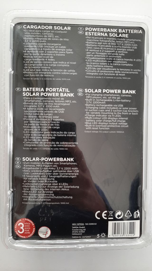Cargador solar Silvercrest 2200 mAh SIN ABRIR