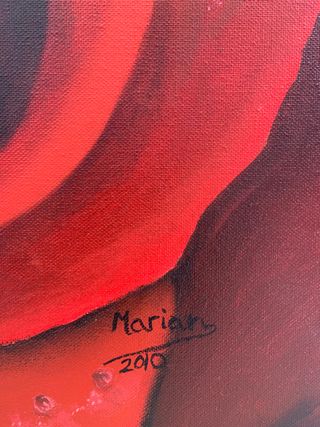 Rosa roja perlada por el rocío. Cuadro en acrilico