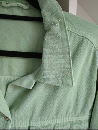 Parka Denim Detalles Strass Verde Agua