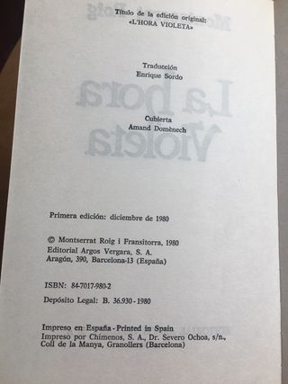 La hora violeta. Primera edición.