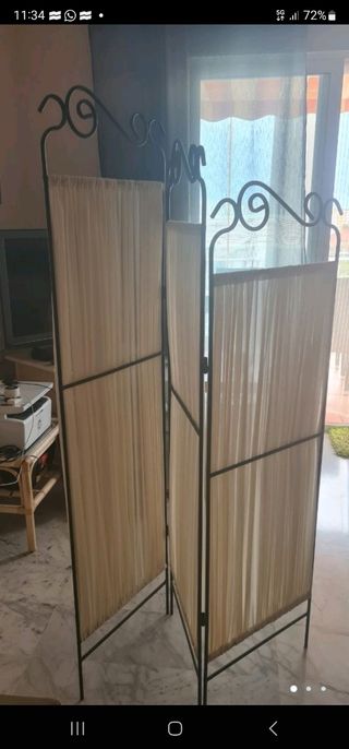 biombo de forja y tela, plegable con 3 paños