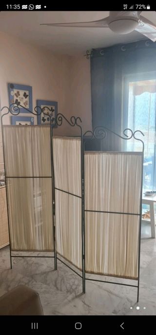 biombo de forja y tela, plegable con 3 paños