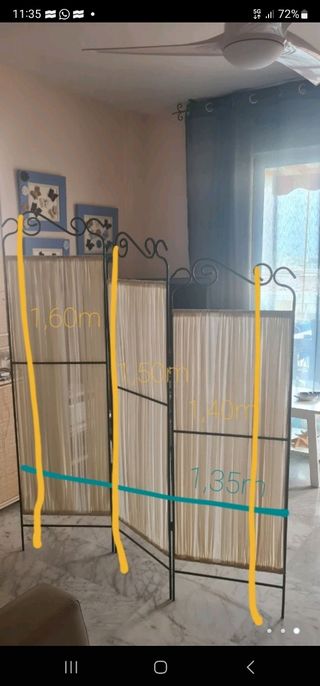 biombo de forja y tela, plegable con 3 paños