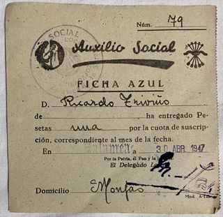 Guerra civil, Franco, Auxilio Social. Cupón y fich