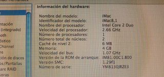imac 8.1 intel Core 2 Duo, 2.66 GHz 4GB de RAM