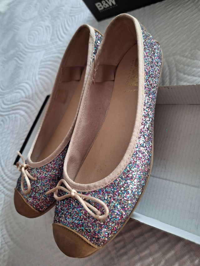 manoletinas piel nobuk purpurina talla 37 zapato