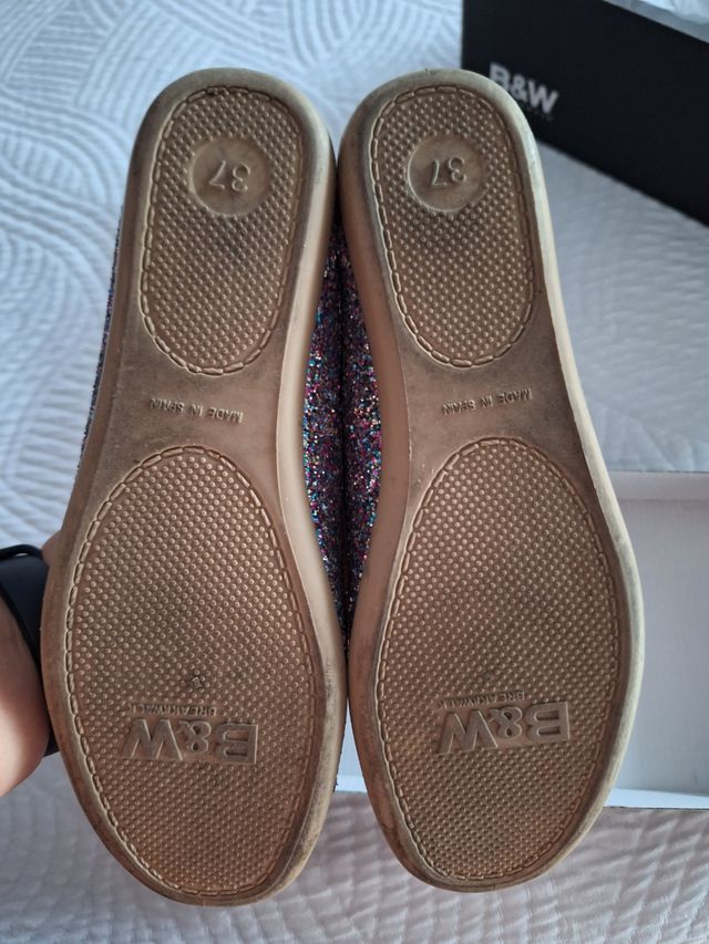 manoletinas piel nobuk purpurina talla 37 zapato