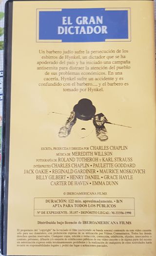 Cinta VHS El gran dictador de Charles Chaplin