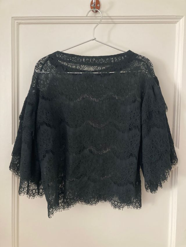 Blusa Vintage, cropped bordado verde bosque