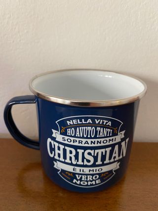 Tazza in metallo smaltato blu e bianca 