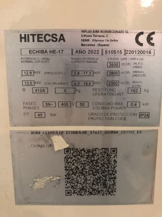 Aire acondicionado Hitecsa conductos, 11.180 frigo