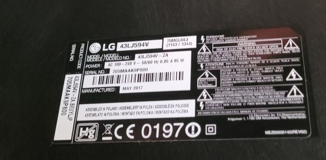 Botón encendido TV LG 43LJ594V 