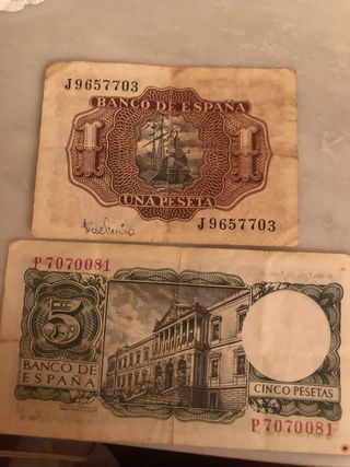 Billete de 1 peseta de 1953 y de 5 pesetas de 1954