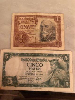 Billete de 1 peseta de 1953 y de 5 pesetas de 1954