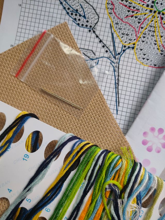 Kit punto de cruz, pequeña flor azul