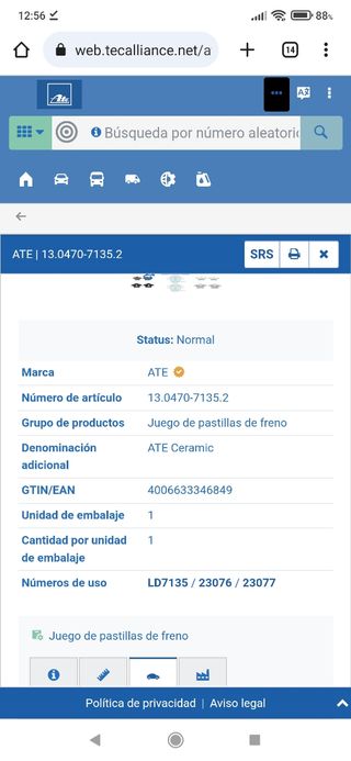 Pastillas de freno ATE 13.0470-7135.2 VOLVO