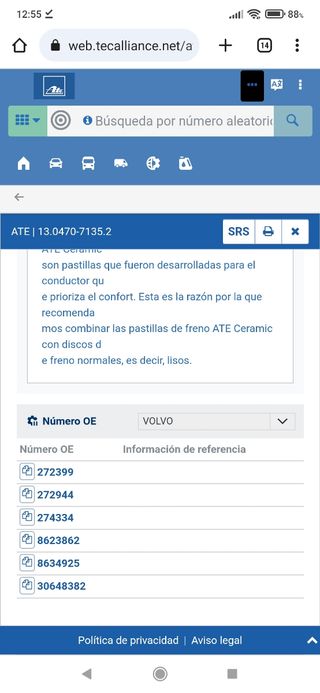 Pastillas de freno ATE 13.0470-7135.2 VOLVO
