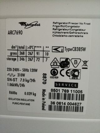 Recambios combi WHIRLPOOL ARC7690