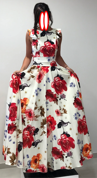 Vestido Largo Blanco/Estampado Floral Fiesta o Cóc