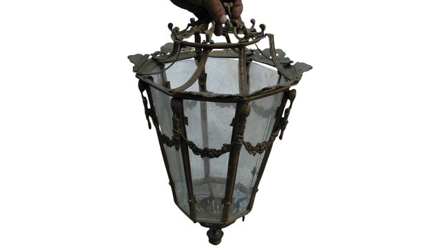 Farol de Techo Antiguo de Bronce y Cristal - XIX