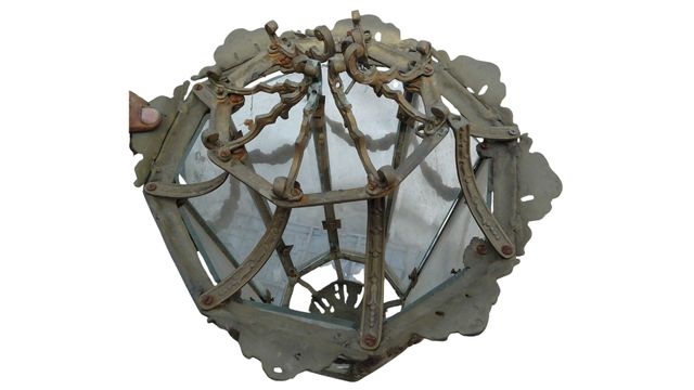 Farol de Techo Antiguo de Bronce y Cristal - XIX