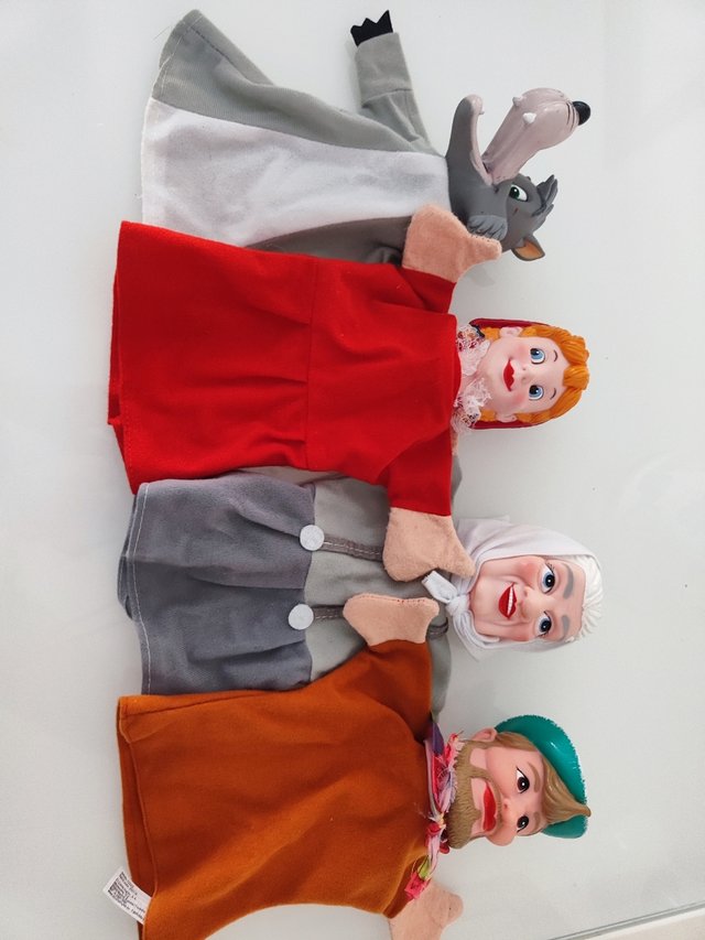 4 Marionetas De Mano Cuento Caperucita Roja - Tela Y Madera, 9 Cm | Juego De Roles Para Niños