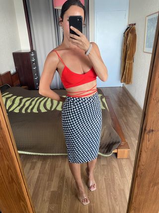 Falda flores midi azul marino lurex Tailor Made M