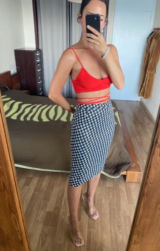 Falda flores midi azul marino lurex Tailor Made M