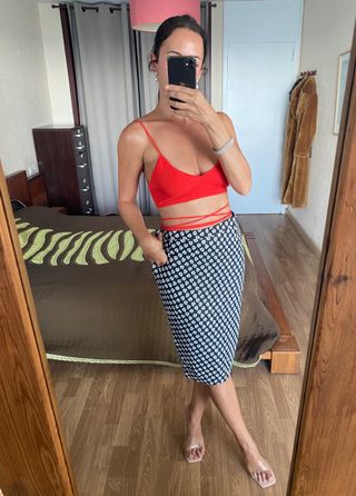 Falda flores midi azul marino lurex Tailor Made M