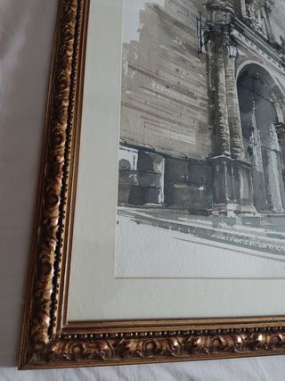 CUADRO 87X58 ACUARELA FIRMADA MARCO MADERA DORADA