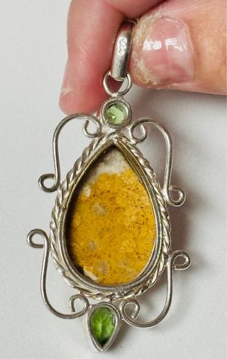 Colgante coral fosil gemas y cadena plata ley 925