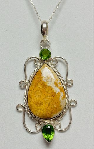 Colgante coral fosil gemas y cadena plata ley 925