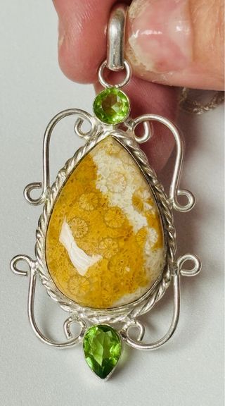 Colgante coral fosil gemas y cadena plata ley 925