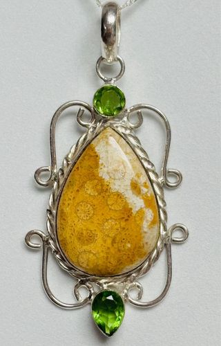 Colgante coral fosil gemas y cadena plata ley 925