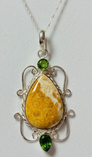 Colgante coral fosil gemas y cadena plata ley 925