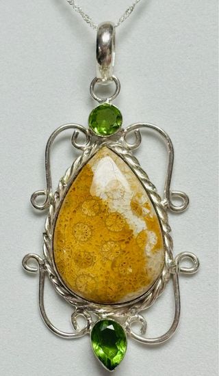 Colgante coral fosil gemas y cadena plata ley 925