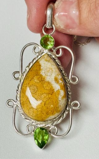 Colgante coral fosil gemas y cadena plata ley 925