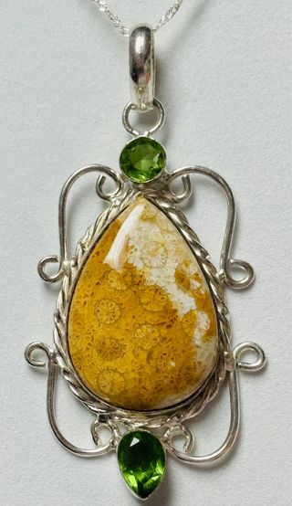 Colgante coral fosil gemas y cadena plata ley 925