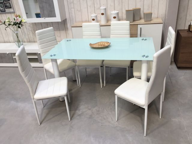 MESA JANTAR VIDRO 6 CADEIRAS 140x80cm