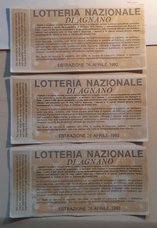 3 Bigliett1 Lotteria Nazionale Agnano 1992