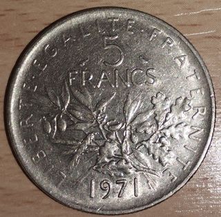 5 Francs Republique Francaise 1971 moneda antigua