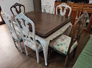 mesa comedor antigua de nogal maciza con seis sill