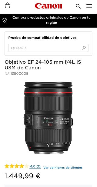 Objetivo Canon 24-105 EF L f 4 IS USM+adaptador RF