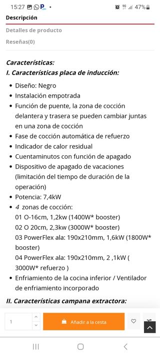 placa inducción con campana filtrante