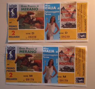 2 Biglietti Lotteria Merano Miss Italia 1998